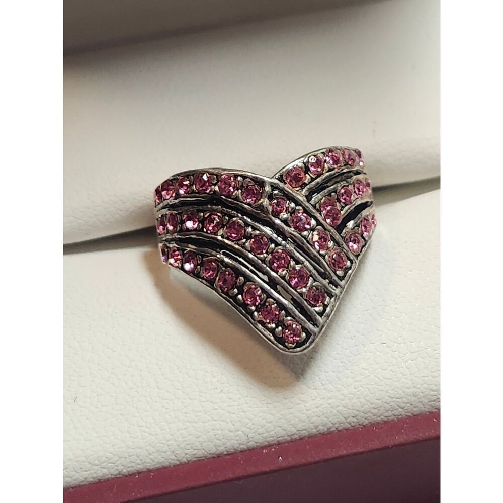 Sterling Silver Pink Crystal Chevron Ring Size 7